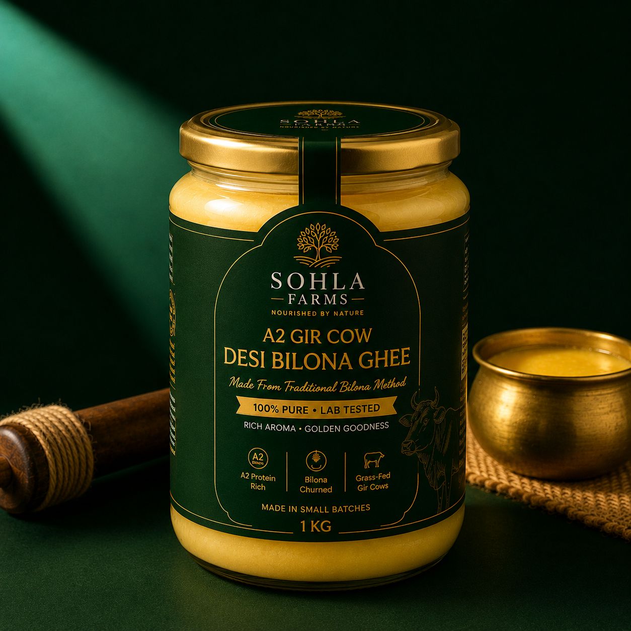 Sohla Farms A2 Gir Cow Desi Bilona Ghee, 1kg jar