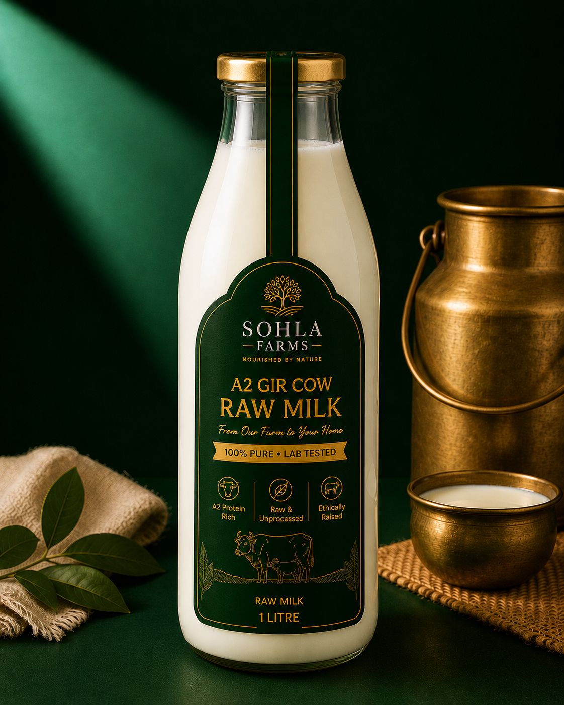 Sohla Farms A2 Gir Cow Raw Milk, 1 litre glass bottle